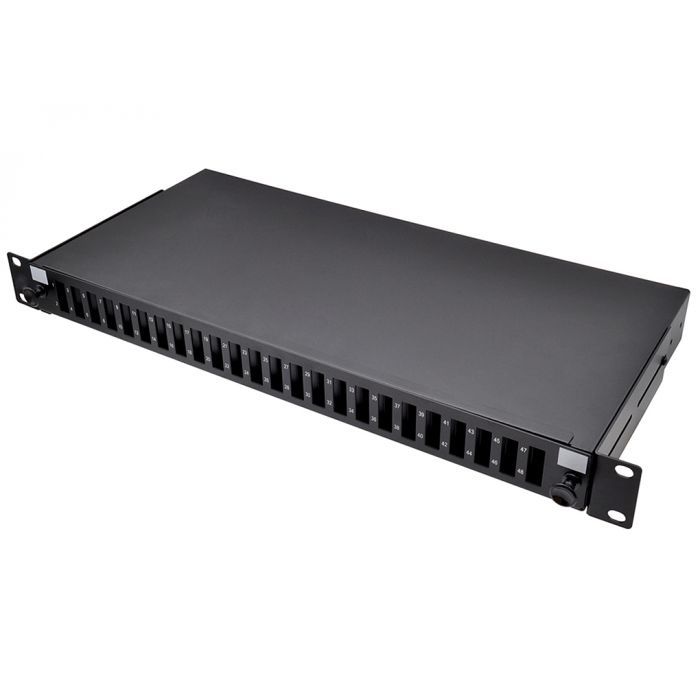 Caja distribución FO extraible rack 19' 1UA fondo 205mm hasta 24 SCD/LCD QUAD negro